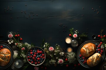 Dark background with spring flowers and traditional food, table setting, copy space