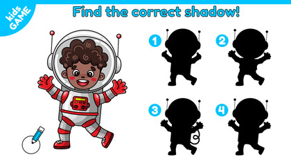 Find the correct shadow. Space educational kids game with astronaut african boy. Puzzle for preschool and school education. Page of the activity book for children. Vector illustration cartoon spaceman