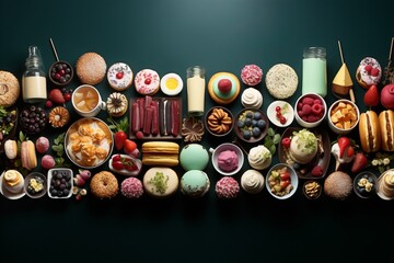 Assorted desserts, beverages, berries, and snacks on dark background - top view, flat lay