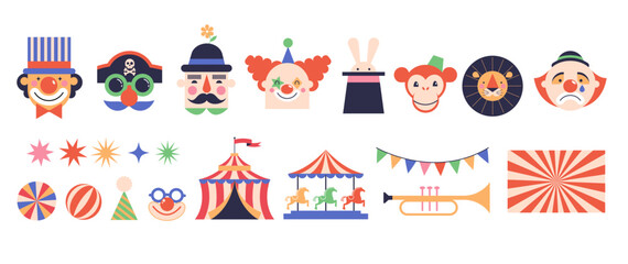 Circus, Carnival, Street Festival, Purim Carnival concept illustrations, elements and icons. Cute faces of clowns and animals. Circus background. Geometric retro style design - obrazy, fototapety, plakaty