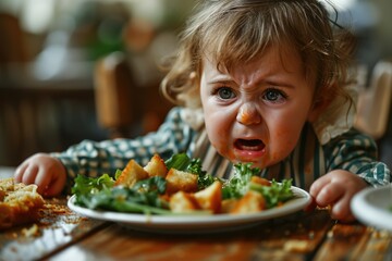 Healthy Eating Dilemma: The child's reluctance to embrace a plate of vegetables, portraying the challenges in promoting nutritious meals and the difficulties associated with instilling healthy habits