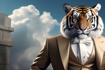 Commercial and editorial advertising, surrealism, where a real tiger wears a dapper high-end luxury suit and shirt generative ai