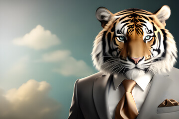 Commercial and editorial advertising, surrealism, where a real tiger wears a dapper high-end luxury suit and shirt generative ai