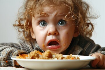 Naklejka premium Healthy Eating Dilemma: The child's reluctance to embrace a plate of vegetables, portraying the challenges in promoting nutritious meals and the difficulties associated with instilling healthy habits