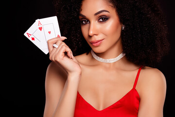 Photo of stunning cunning lady poker player showing two cards flash royal combination winning...