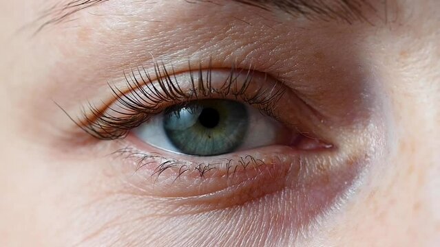 Woman's green eye with natural, long black eyelashes. Closeup, lamination, lift eye lashes.