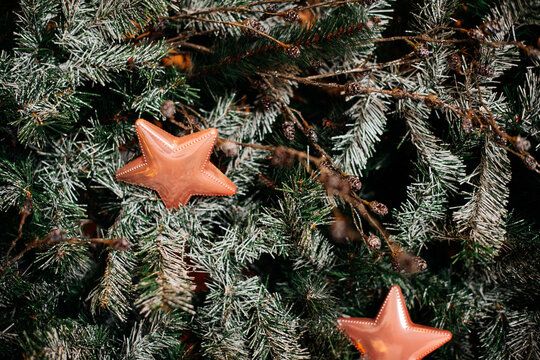 A small, hand-crafted clay star ornament nestled on a snow-frosted Christmas tree. The warm terracotta color contrasts with the cool greenery, making it a charming holiday accent.