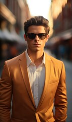 Obraz premium Attractive man in a suit walking through the city, refined style, gentlemanly poise, confident. stylish urban man in raincoat suit jacket.