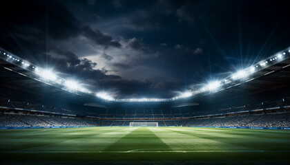 Fototapeta na wymiar Stadium lights against dark night sky background. Soccer match lights