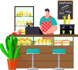 Food shop with burger, sandwich and hotdog, man cafe service isolated on white vector illustration. Fast food, drink and meal design for cartoon character. Cartoon restaurant business.