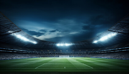 Stadium lights against dark night sky background. Soccer match lights