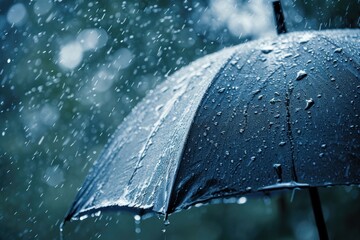Raindrops on dark umbrella, blurred rain in background.