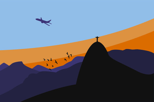 Rio de janeiro, Brazil. Statue of Christ on Corcovado Mountain during sunset with blue sky. Airplane silhouette in the sky and birds flying. Tijuca National Park. EPS Illustration.