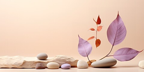 Stones and leaves in photo on light brown Background