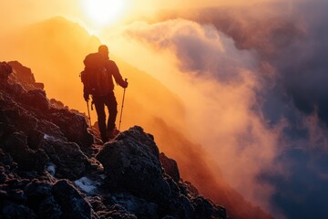 Above the Clouds: A Silhouette of a Hiker on Madeira Island, Portugal, on a Mountain Summit, Witnessing the Breathtaking Sunrise and Daybreak.






