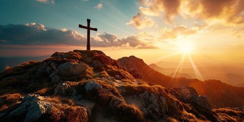 Divine Sunset: A breathtaking image captures a mountain with a cross atop at sunset, symbolizing the death of Jesus Christ and evoking deep religious sentiments associated with Easter and Christianity - obrazy, fototapety, plakaty