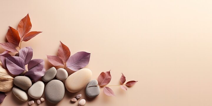 Stones and leaves in photo on light brown Background