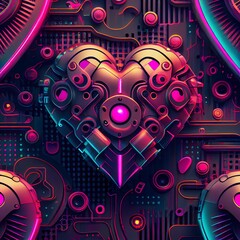 cyberpunk, love heart, neon lighting, seamless pattern in the background
