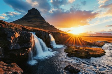 Sunset over Kirkjufellsfoss Waterfall and Kirkjufell Mountain, an iconic Icelandic landscape that blends majestic silhouettes, reflecting rivers and waterfalls, and the ethereal play of sunlight
