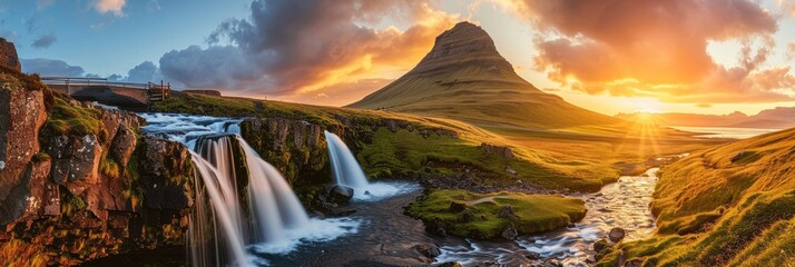 Sunset over Kirkjufellsfoss Waterfall and Kirkjufell Mountain, an iconic Icelandic landscape that blends majestic silhouettes, reflecting rivers and waterfalls, and the ethereal play of sunlight