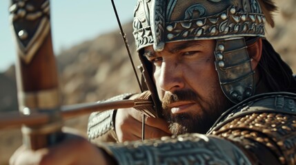 Persian Precision: Experience the battlefield through the eyes of a skilled 32-year-old Persian archer, drawing a powerful recurve bow and adorned in intricately designed armor, symbolizing the precis