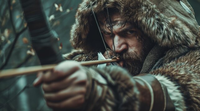 Hunnic Hunter: Dive into the world of nomadic warfare with a skilled 28-year-old Hunnic archer, wielding a powerful reflex bow and dressed in furs and leather, capturing the essence of Attila the Hun'