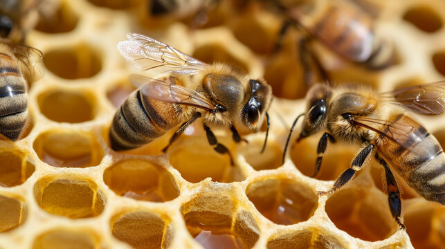 close up view of the working bees on honey cells,. AI Generative,