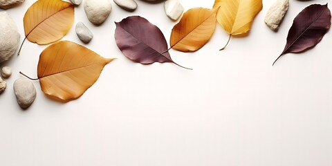 Stones and leaves in photo on gray Background