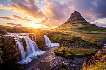 Fototapeta na wymiar Sunset over Kirkjufellsfoss Waterfall and Kirkjufell Mountain, an iconic Icelandic landscape that blends majestic silhouettes, reflecting rivers and waterfalls, and the ethereal play of sunlight