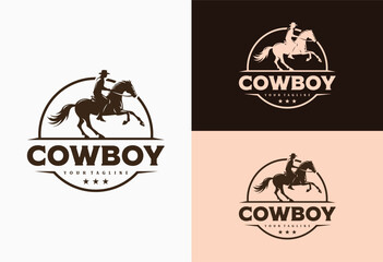 cowboy logo riding a horse with circle background design vector illustration - obrazy, fototapety, plakaty