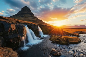 Fototapeta premium Sunset over Kirkjufellsfoss Waterfall and Kirkjufell Mountain, an iconic Icelandic landscape that blends majestic silhouettes, reflecting rivers and waterfalls, and the ethereal play of sunlight