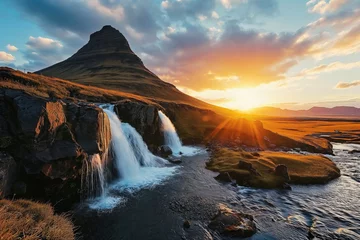 Cercles muraux Kirkjufell Sunset over Kirkjufellsfoss Waterfall and Kirkjufell Mountain, an iconic Icelandic landscape that blends majestic silhouettes, reflecting rivers and waterfalls, and the ethereal play of sunlight