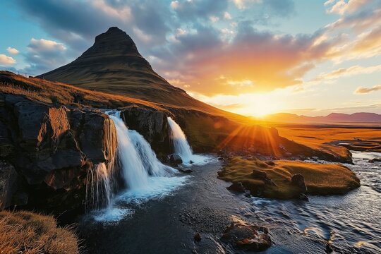 Sunset over Kirkjufellsfoss Waterfall and Kirkjufell Mountain, an iconic Icelandic landscape that blends majestic silhouettes, reflecting rivers and waterfalls, and the ethereal play of sunlight © Mr. Bolota
