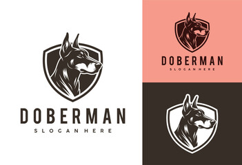 doberman dog logo with shield design vector illustration - obrazy, fototapety, plakaty
