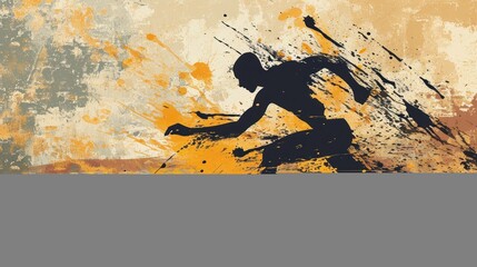  a silhouette of a person running through a field with yellow and orange paint splatters on the background of a grungy, grungy, yellow and black background.