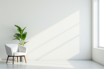 A bright room with clean white walls, a modern white armchair, and a green potted plant beside a large window with sunlight streaming in.