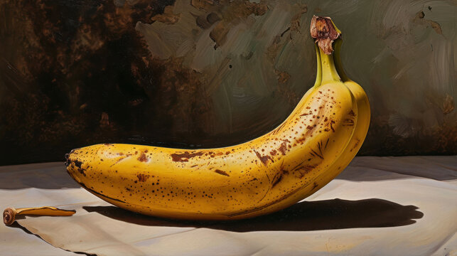  a painting of a yellow banana sitting on a white cloth with a brown spot on the top of the banana and a brown spot on the bottom of the banana.