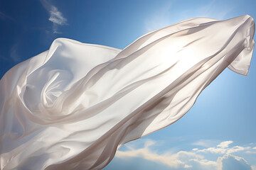 A clean white flag flutters in the wind in the blue sky. Generated by artificial intelligence - obrazy, fototapety, plakaty