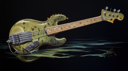  a painting of a green bass guitar floating on a body of water with birds perched on top of the body of the bass, with a black background of water.