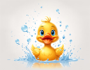 Illustration of an adorable yellow duckling surrounded by soap bubbles and splashing water, looking at the viewer with its open mouth and blue eyes, against a white background. Generative AI