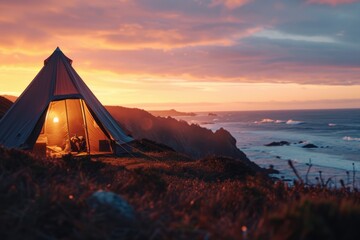 Cliffside Serenity: Transport Yourself to a Coastal Cliffside, where a Tent Stands Amidst Rugged Cliffs, Crashing Waves, and a Breathtaking Coastal Sunset.

