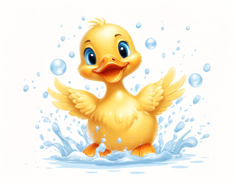 Illustration of a sweet baby duck splashing in soapy water with bubbles, its blue eyes sparkling with joy as it looks at the viewer, wings flapping in delight. On white background. Generative AI