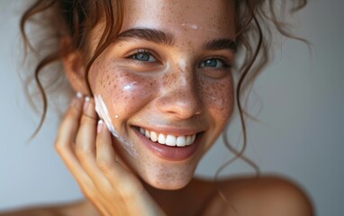 Joyful Skincare Ritual: A Happy Woman with a Beautiful Smile, Applying Face Cream - A Radiant Portrait Capturing the Satisfaction and Glow of a Positive Beauty Regimen.




