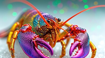 A brightly colored lobster on a white surface. Mardi Gras crawfish.