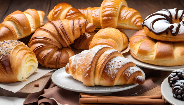 An assortment of freshly baked pastries, including croissants, cinnamon rolls, and pain au chocola