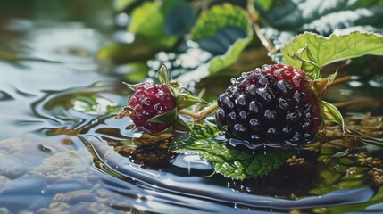  a bunch of berries floating on top of a body of water next to a leafy green leafy plant with red berries on top of the top of it.