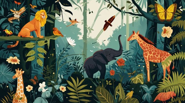  a painting of a jungle scene with animals and birds in the foreground and on the far side of the picture is a bird, a giraffe, a bird, a giraffe, a bird, and a.