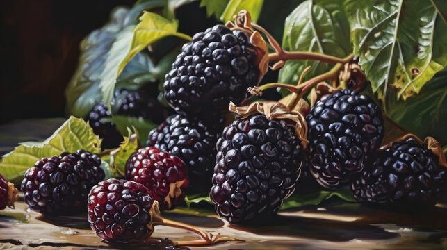  a painting of a bunch of blackberries on a table next to a leafy green leafy branch with red and black berries on the end of the branch.