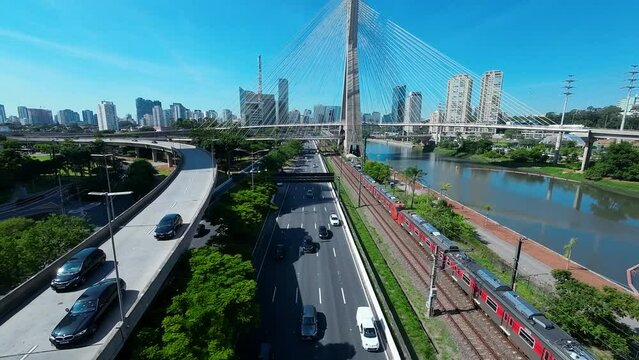 Cable Stayed Bridge At Cityscape In Sao Paulo Brazil. Downtown Bridge. Traffic Road. Sao Paulo Brazil. City Life Landscape. Cable Stayed Bridge At Cityscape In Sao Paulo Brazil.