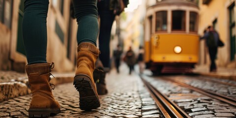 Stylish Steps in Lisbon: A Woman's Boots Traverse the Iconic Yellow Electric Background, Embracing...
